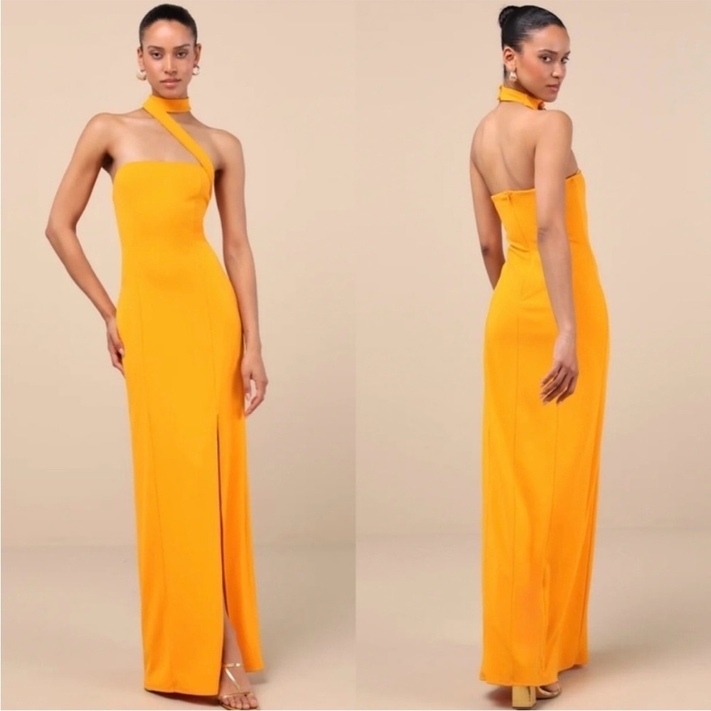 NWT - Lulus Seraphina Golden Yellow Asymmetrical
Column Neck Slit Maxi Dress